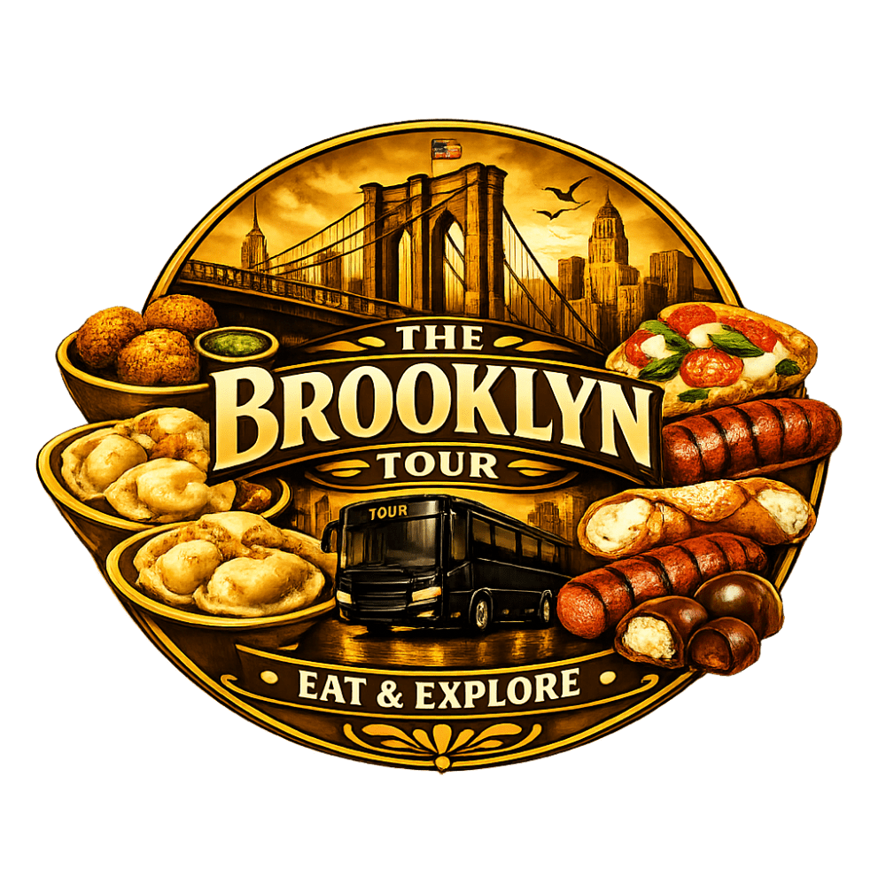 Brooklyn tour poster with foods and bus, Brooklyn Bridge in background.