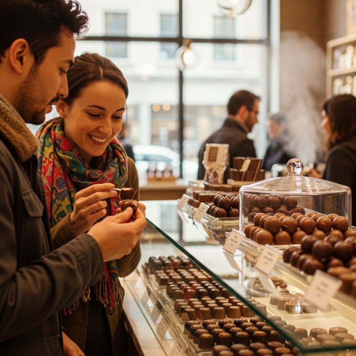 Woman smiling while tasting artisanal chocolate during a Brooklyn food tour experience.