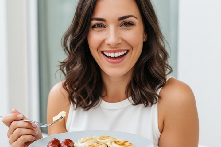 Guest smiling while holding a plate of pierogi and kielbasa during a Brooklyn food tour tasting.