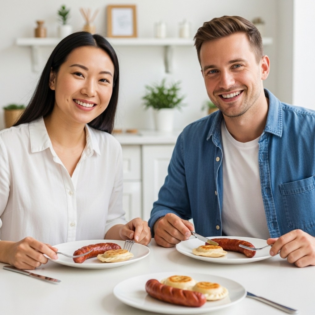 Smiling couple sitting at a table with plates of sausages and pierogis.
