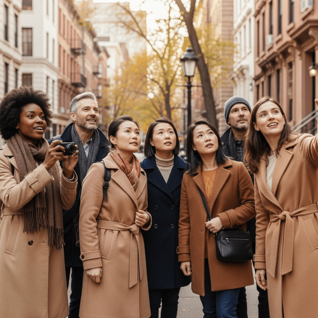 Group of adults walking with a guide along a Brooklyn brownstone street lined with autumn trees.