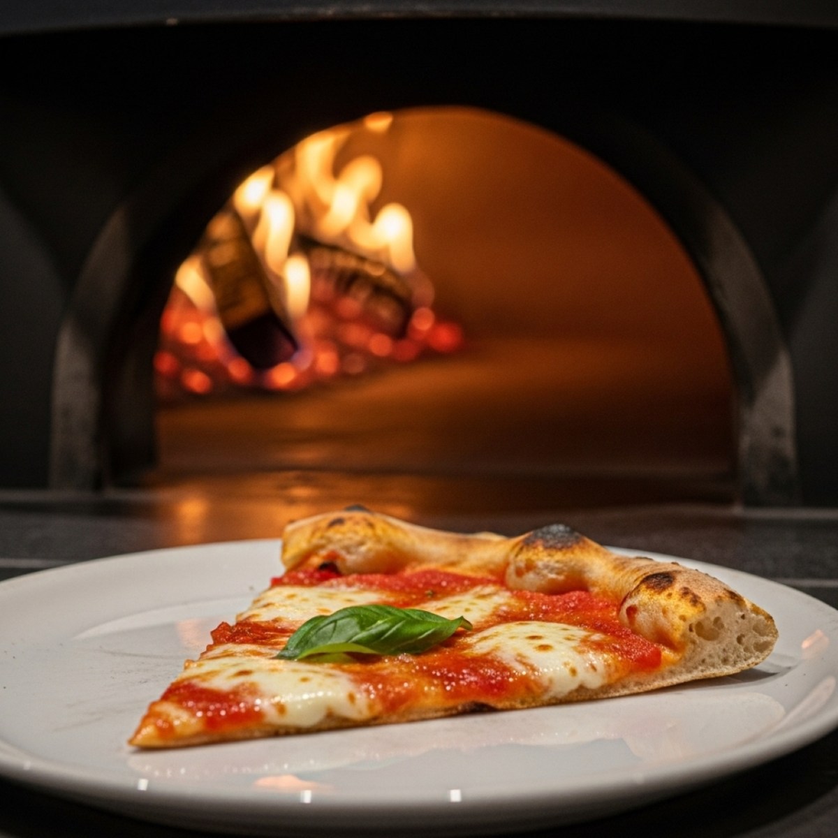 Close‑up of a Margherita pizza slice with melted mozzarella, tomato sauce, and basil served at a Brooklyn pizzeria.