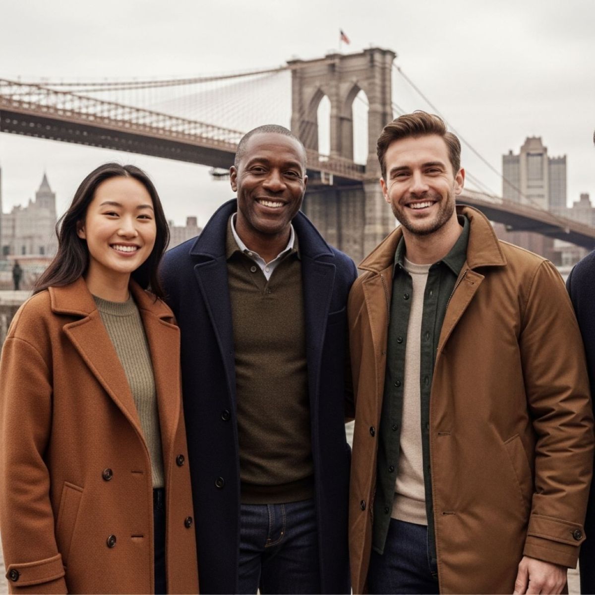 Guest standing near the Brooklyn waterfront with the Brooklyn Bridge and Manhattan skyline in the background.