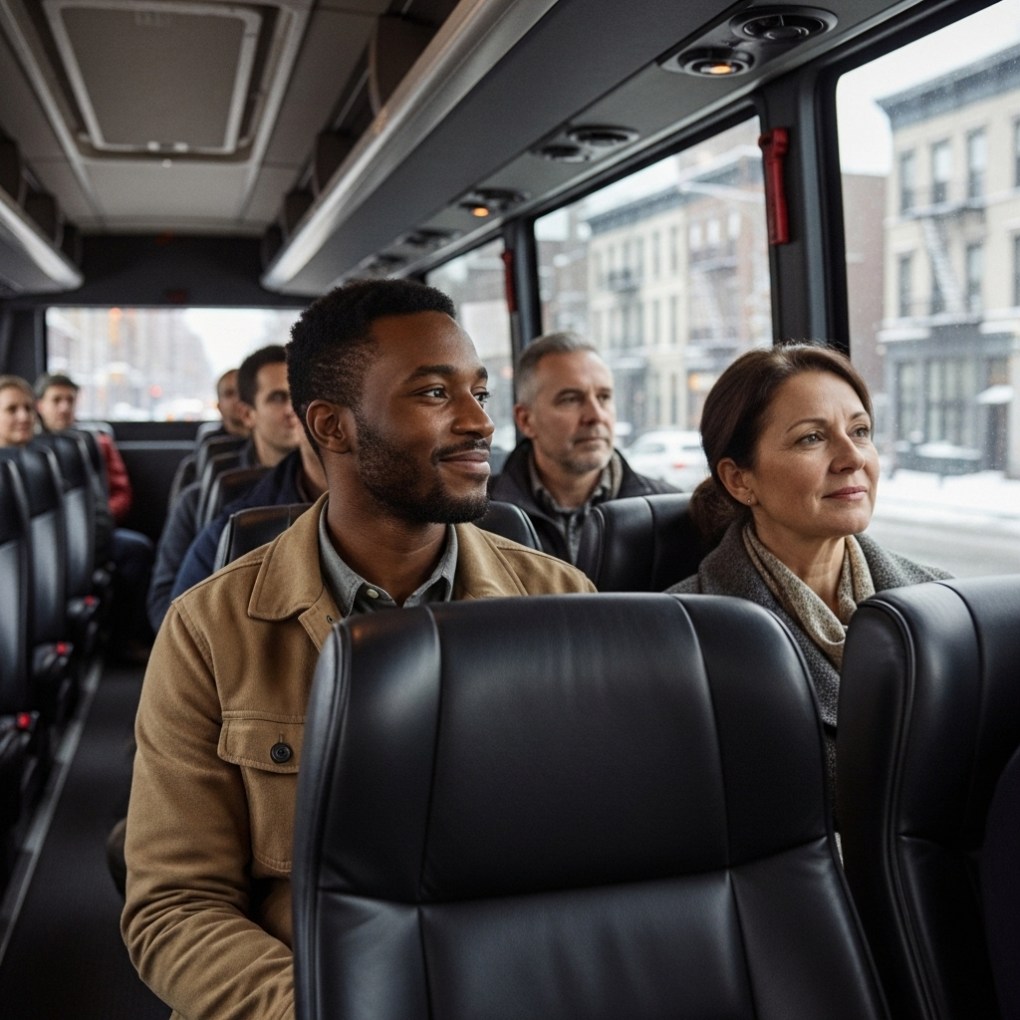 Passengers seated inside a modern tour bus looking out at snowy Brooklyn streets during The Brooklyn Tour.